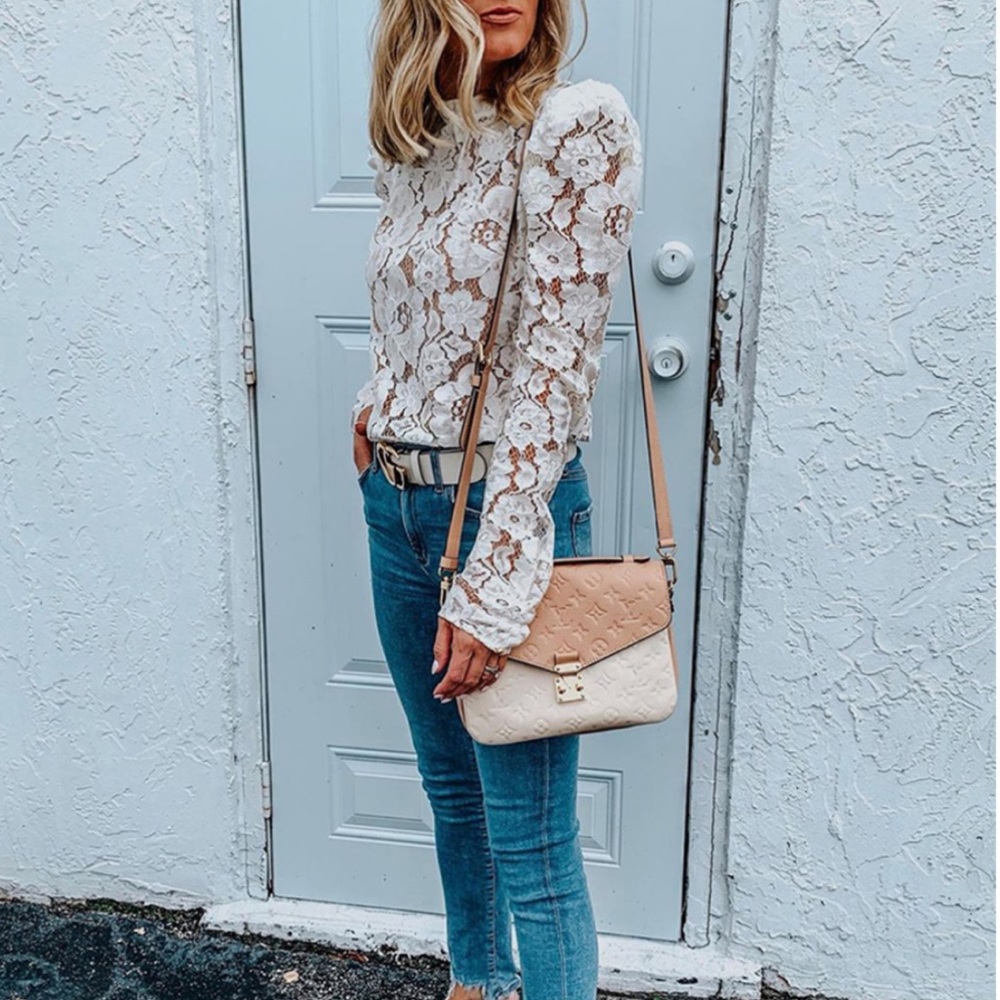 New!  Dreamy White Lace Mock Neck Puff Sleeve Top - Picture 5 of 8